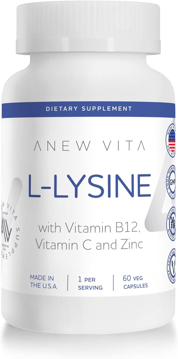 L-Lysine Supplement with Vitamin B12 + C + Zinc for Lip, Mouth, and Oral Tissue Health - Enhanced Wellness Support - Non-GMO, Gluten-Free - Made in USA - 60 Vegetable Capsules, 500mg