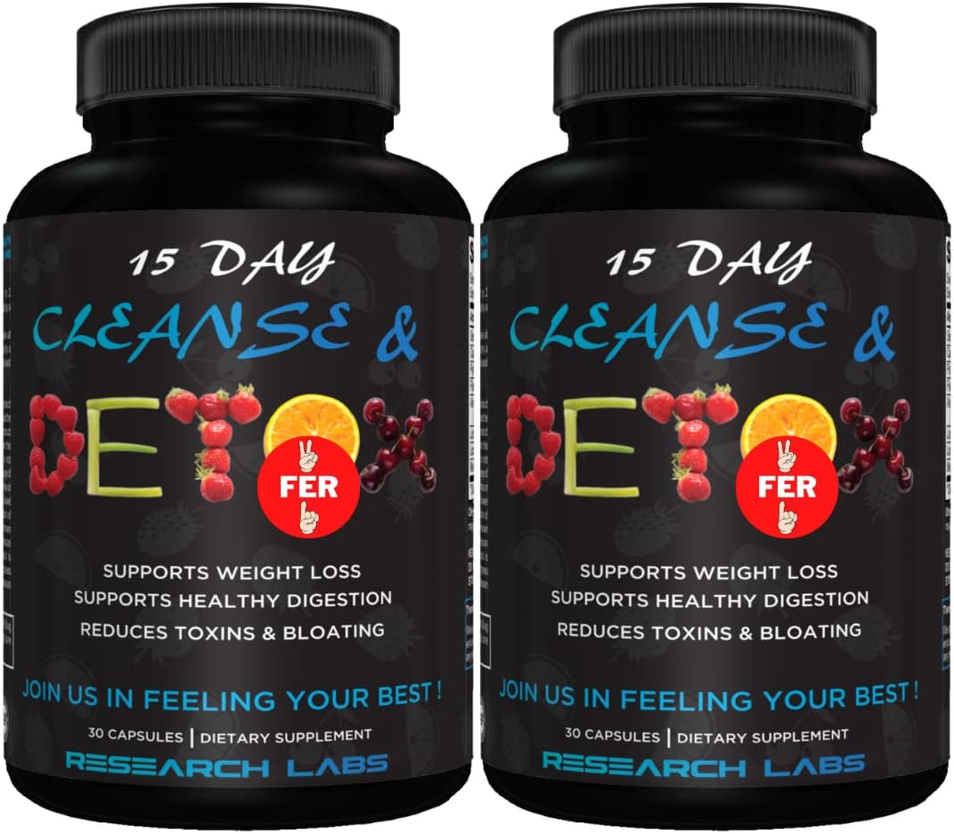 Research Labs 15 Day Colon Cleanse & Detox for Less Bloat Flat Tummy w/Probiotics - 2 Fer 1 - Constipation Relief - Flushes Toxins, Boosts Energy. Clinically Researched Safe and Effective Formula