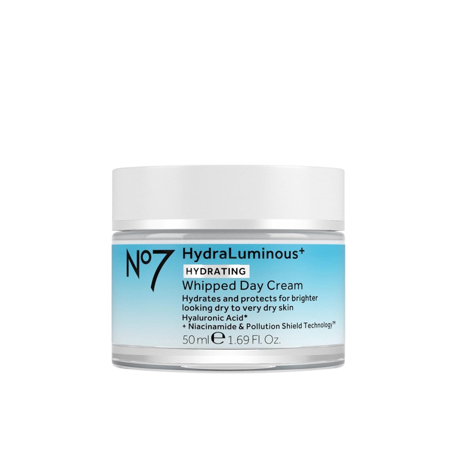 No7 HydraLuminous+ Hydrating Whipped Day Cream - Hyaluronic Acid Facial Moisturizer with 2% Vitamin B3 Niacinamide for Skin Barrier Repair & Visibly Healthy-Looking Skin (1.69 Fl Oz)