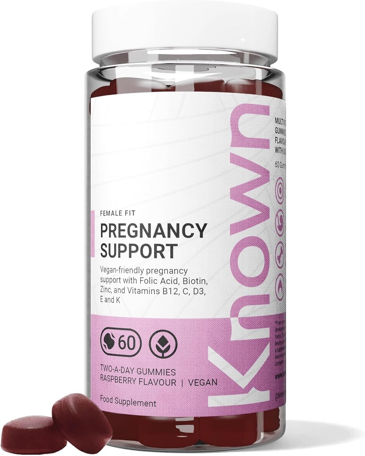 Known Pregnancy Support Gummies with 400mcg Folic Acid – Raspberry Flavour – Vegan Prenatal Multivitamin Gummy Supplement – with Vitamin D3, K, C, E, B12, Biotin & Zinc – 1 Month Supply