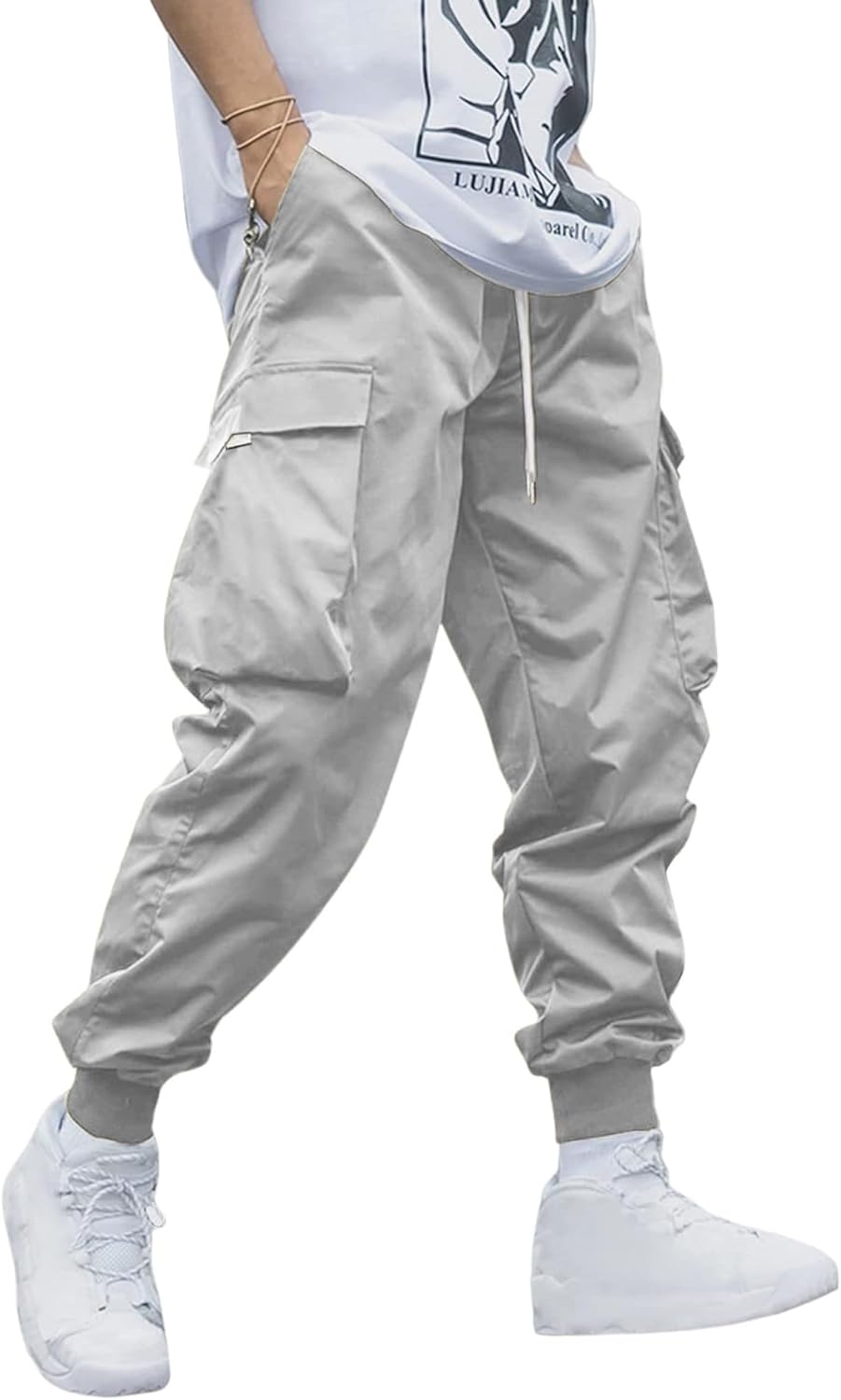 YAOHUOLE Men's Cargo Trousers Cuffed Cargo Joggers Casual Drawstring Pants Elasticated Waist