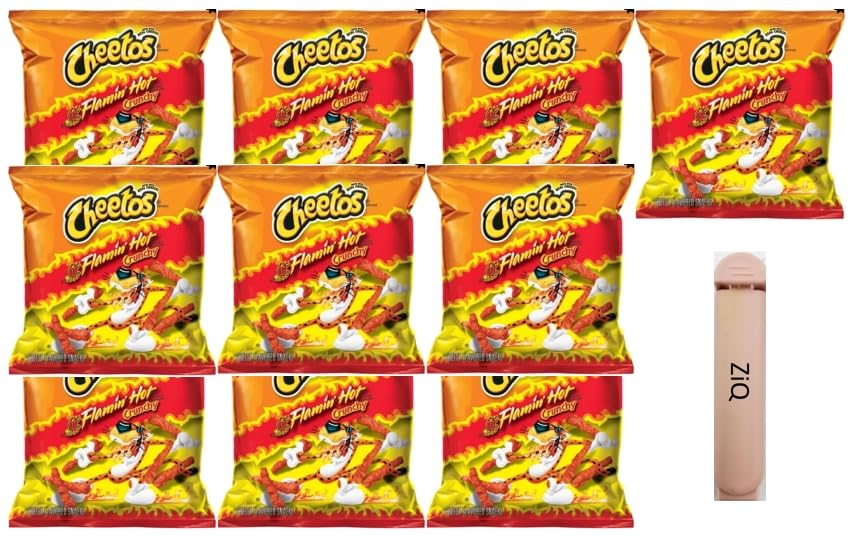 Cheetos Cheese Flavored Snacks, Flamin' Hot Crunchy, 1 Ounce - Snack Pack of 10 / 1 Ounce Bags Gluten Free Healthy Chips & Crisps- Bulk Snacks & Individual Chips - Variety Chips for All Adults, Teenagers, and Kids Snacks + 1 Bag of Mystery Flamin' Chip / 1 ZiQ Food Clip (10PK, FLAMIN' HOT)