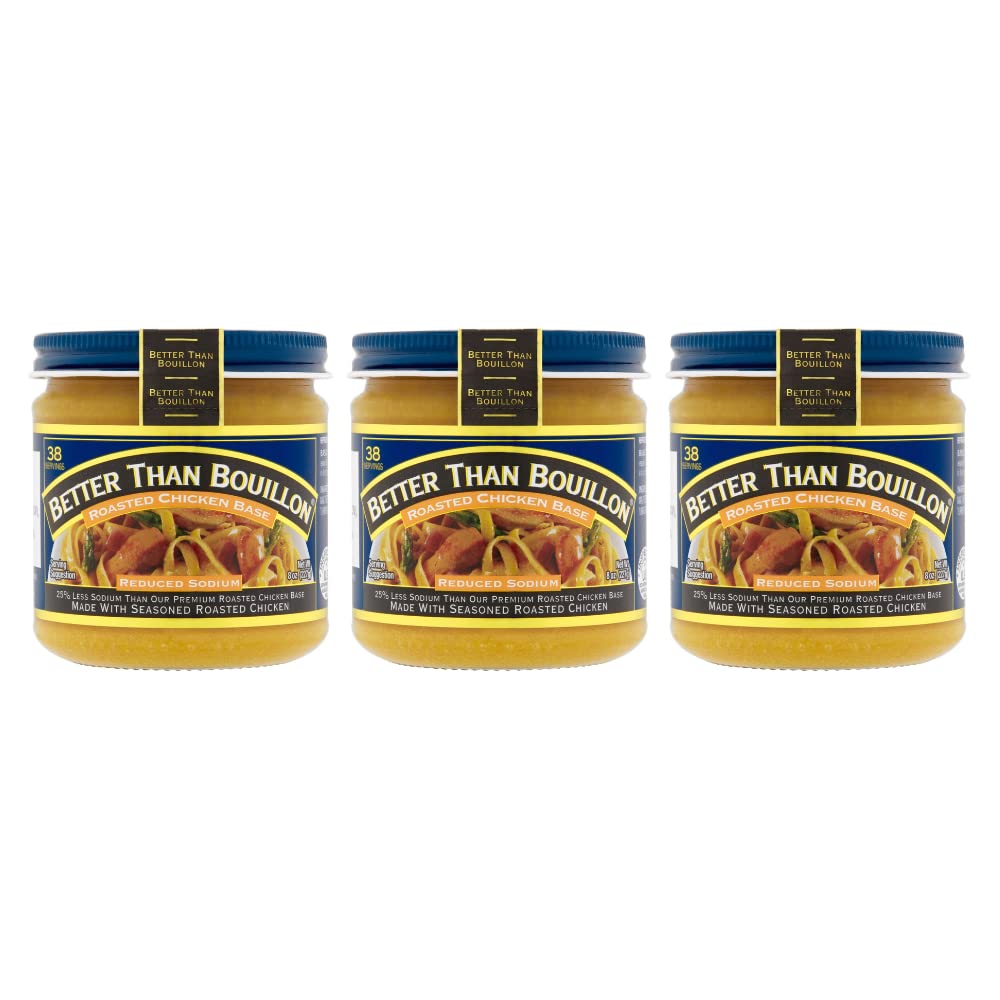 Better Than Bouillon Reduced Sodium Roasted Chicken Base, Made with Seasoned Roasted Chicken & Less Sodium, 38 Servings Per Jar, 8-Ounce Jar (Pack of 3)