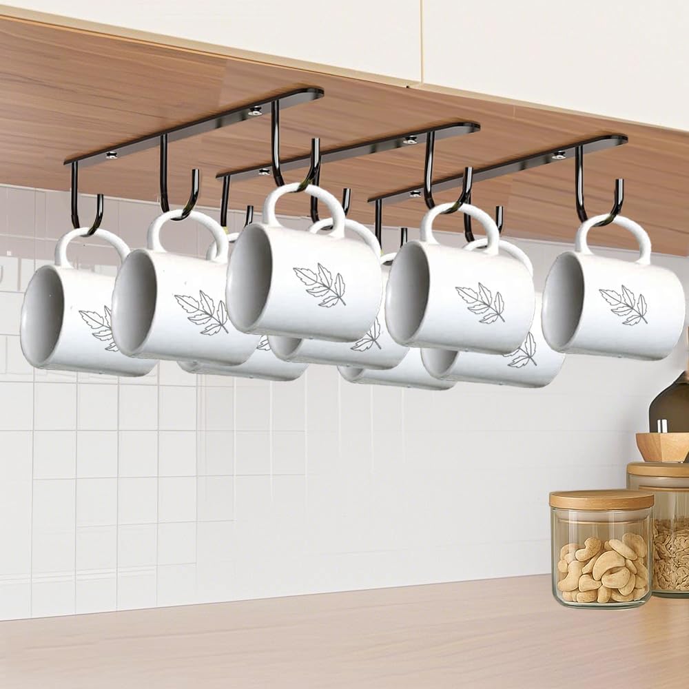 3 Pieces Cup Holder.Coffee Cup Holder for Hanging Under Shelves.Cup Hooks Under Cabinet Front.Cup Holder with 3 Hooks for Displaying Mugs, Coffee Cups and Kitchen Utensils (Black)