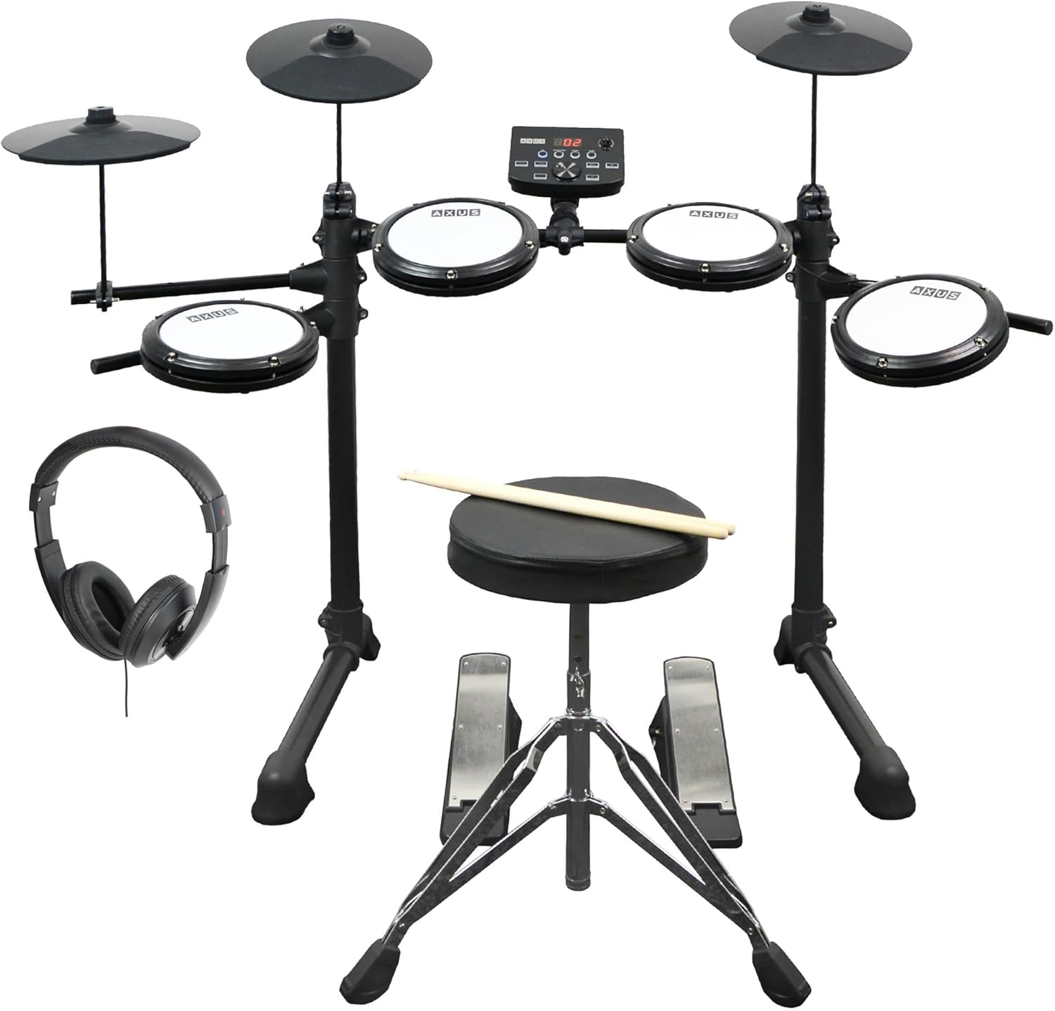 Axus AXK4 Electronic Drum Kit Starter Pack for Beginners with Quiet Mesh Drum Pads, Sticks, Stool and Headphones