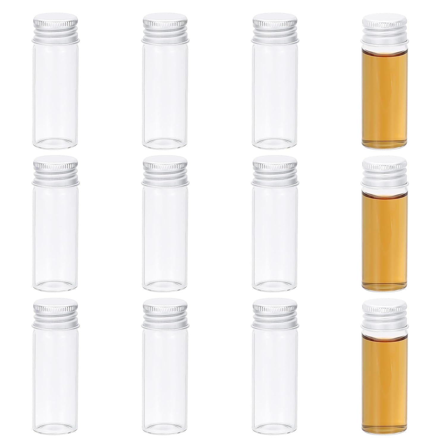 PATIKIL 12ml Small Clear Glass Bottles, 12Pcs Mini Vials with Aluminum Lids Tiny Jars for Aromatherapy Fragrance Cosmetic Oils Lab Perfumes Storing Beads, Silver