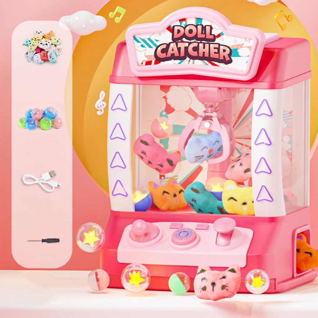 XQLY Claw Machine for Kids, Mini Vending Machines, Electronic Arcade Claw Game Machine for Party Birthday Gifts with Lights Sound & 20 Mini Plush Toys 10 Twist Eggs (Red)