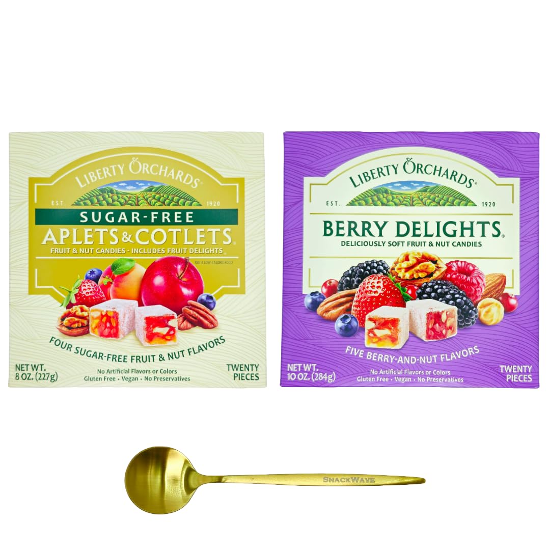 Liberty Orchards SUGAR FREE Aplets and Cotlets & Berry Delights - Turkish Delights Lokum Candy 18oz | Natural, Vegan, Gluten-Free | Pack of 2 with Golden Spoon by SnackWave