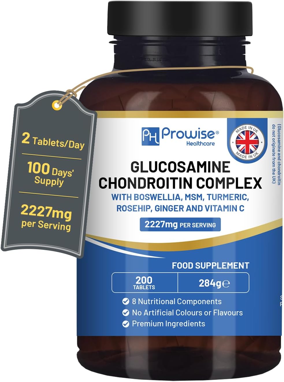 Glucosamine and Chondroitin Complex 2227mg per Serving | 200 High Strength Tablets | 8 Nutritional Components | MSM, Boswellia, Vitamin C, Turmeric, Ginger, and Rosehip | Made in UK by Prowise