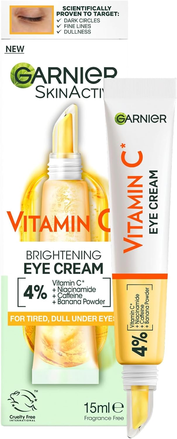 Garnier Vitamin C Eye Cream for Dark Circles, 4% Vitamin C, Niacinamide, Banana Powder, Caffeine, Brightening Eye Treatment For Dark Circles, Under Eye Bags And Puffiness, 15ml
