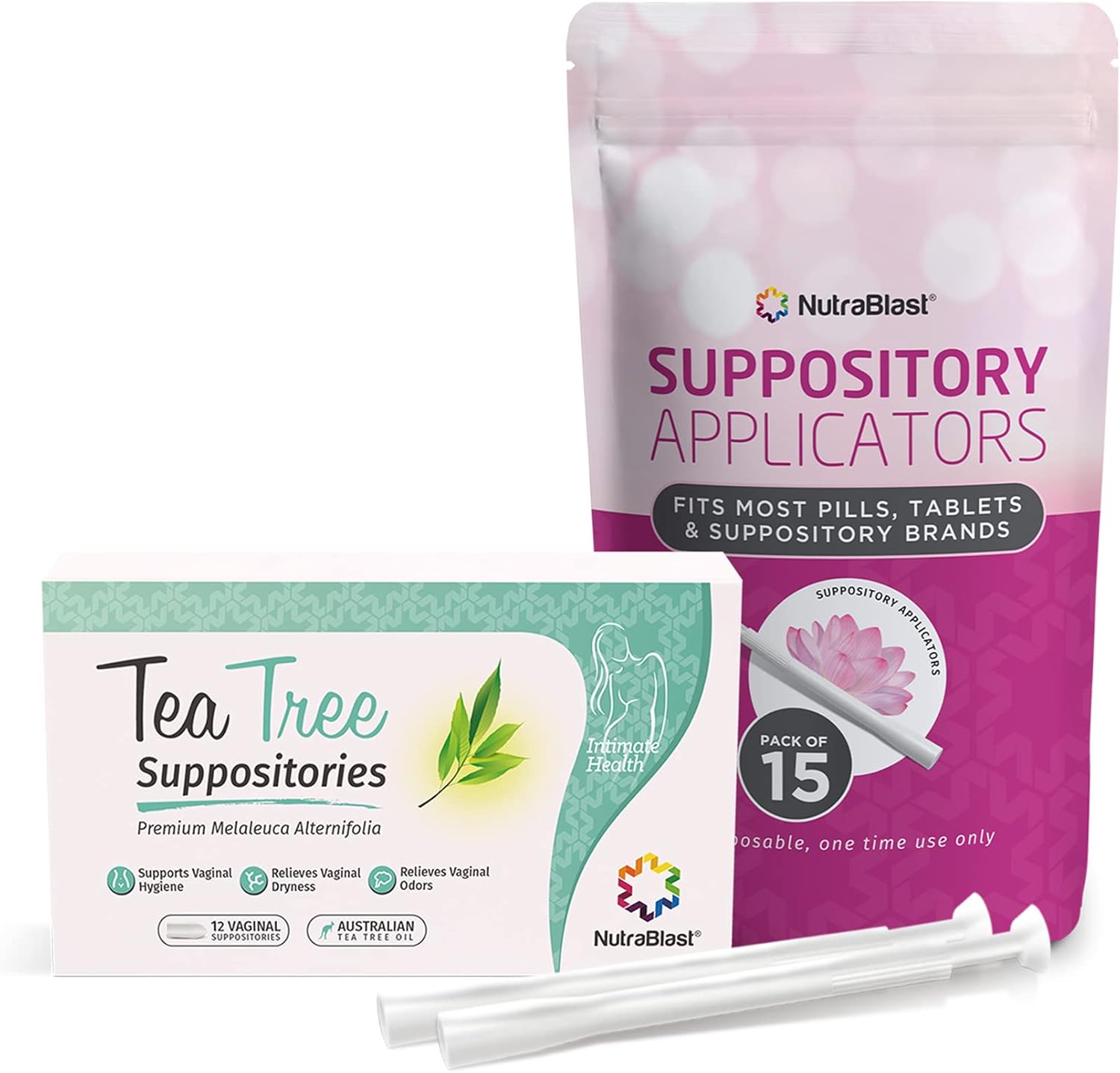 NutraBlast Tea Tree Oil Vaginal Suppositories Bundle with Applicators (12 Suppositories & 15 Applicators) Supports Odor Control