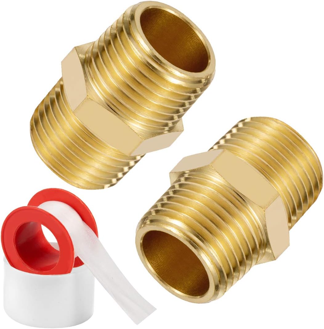 3/8" X 3/8" NPT Brass Nipple Pipe Fittings Equal Adapter Union Male Threaded Hex Straight Connector Couplings Hose Extender, Pack of 2