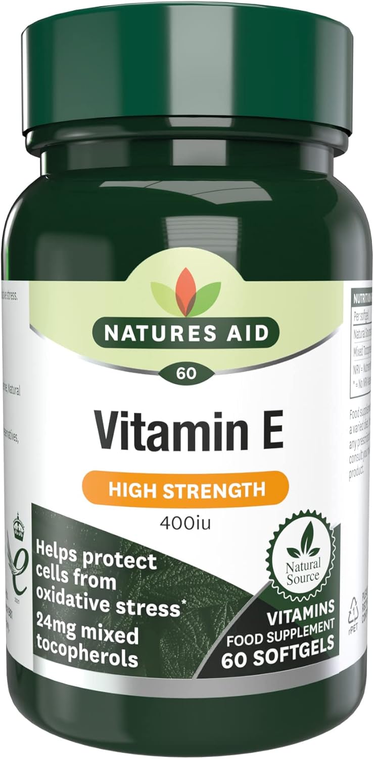 Natures Aid Vitamin E 400iu – Supports Skin, Heart & Immune Health - Natural Source – High Strength Antioxidant – Non-GMO, Gluten-Free – 60 Softgel Capsules
