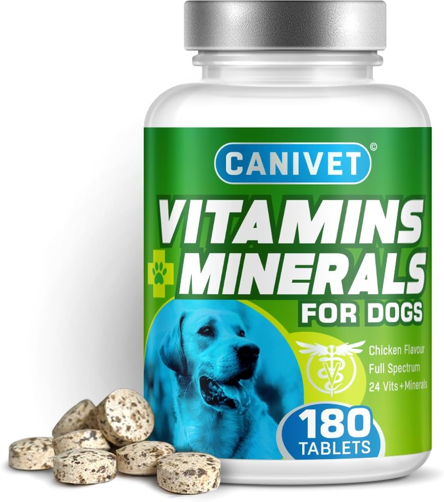 CANIVET Multivitamins for Dogs | 180 x Chicken Flavour Tablets | 24 x Essential Dog Vitamins & Minerals | Full Spectrum Health Supplement for Dogs | Up-to 1 x Year’s Supply | Premium Quality
