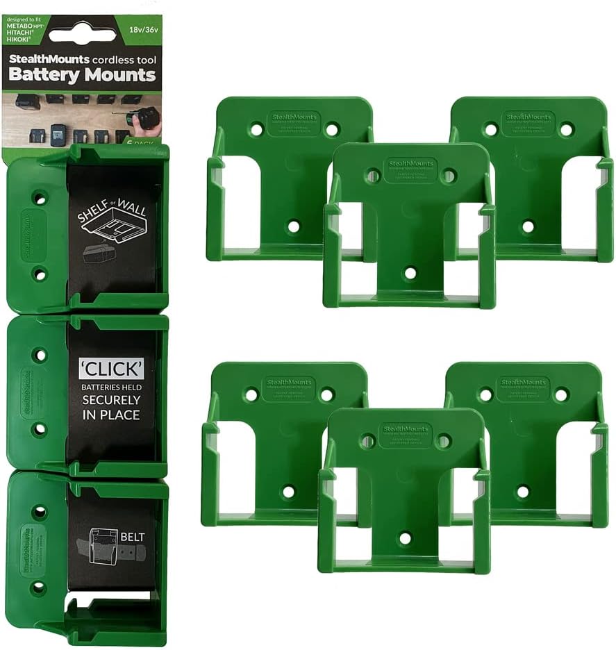 StealthMounts Green Battery Mounts for Metabo HPT 18v/36v | Cordless Battery Holders for Power Tools | 6 Pack | Metabo HPT Battery Organisers