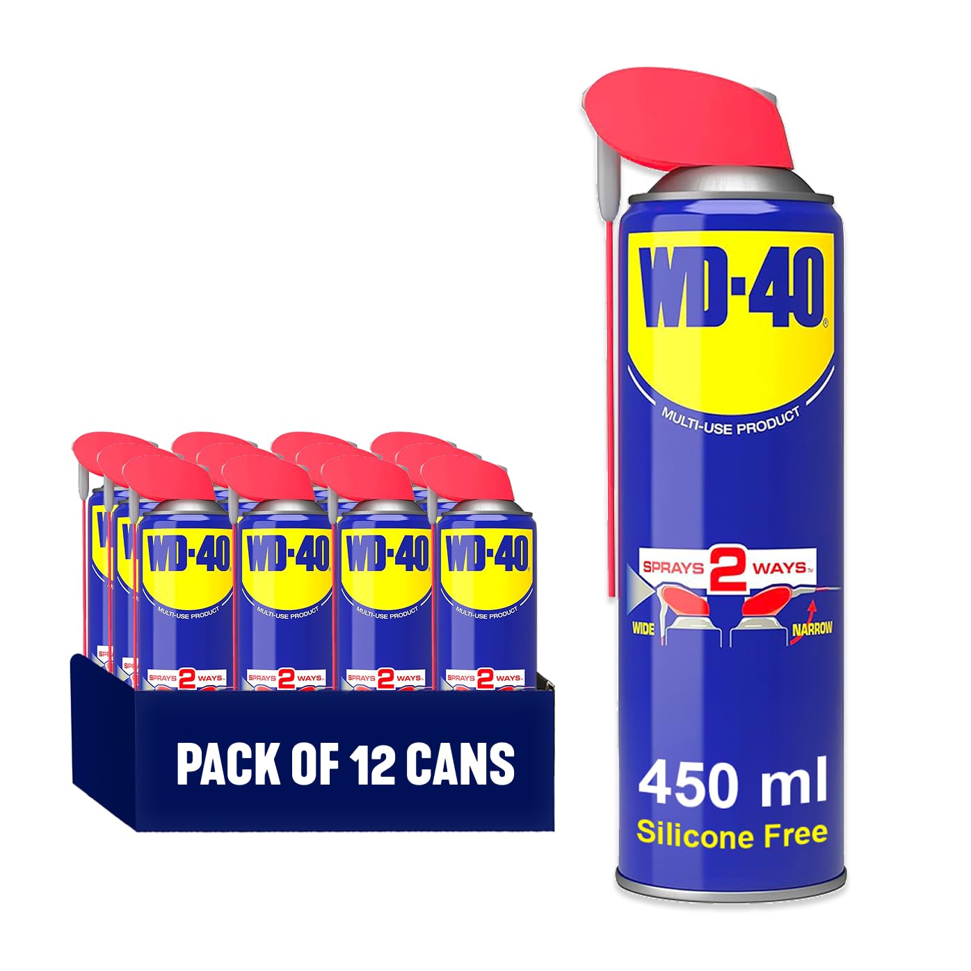 WD-40 Multi Use Lubricant Spray 450ml 12-Pack Trade Size, Wide and Narrow Smart Straw, Multipurpose WD40 Spray Lubricant for Maintenance and Rust Protection