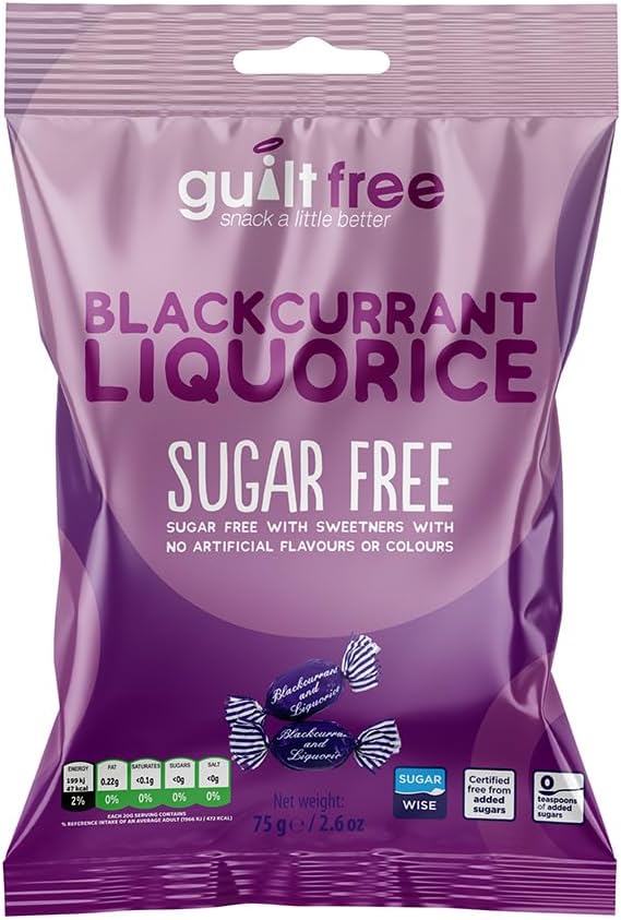 Guiltfree Sugar Free Blackcurrant and Liquorice Sweets Retro Classic Sweet Hard Boiled Hard Sweets | for Diabetic Gift Hamper Basket Available - Perfect for Gifting | 75g (Pack of 1)