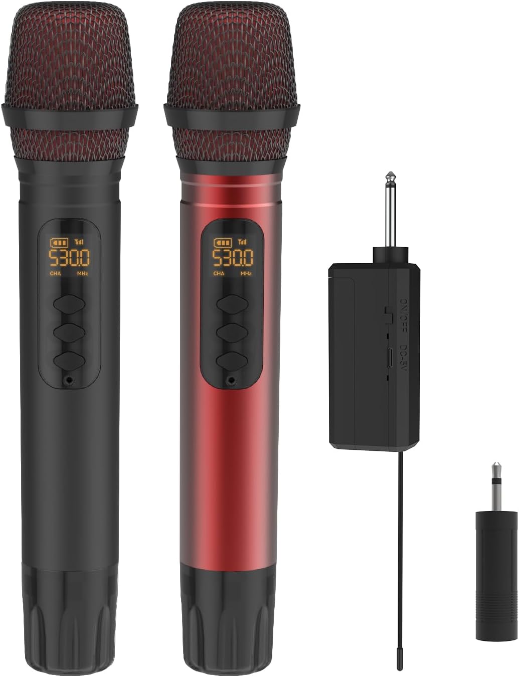 Wireless Microphones, UHF Metal Dual Handheld Cordless Dynamic Mic System with Rechargeable Receiver,1/4 "Output with 1/8" Output,for Karaoke Singing, Wedding, DJ, Party, Speech, Church,240ft