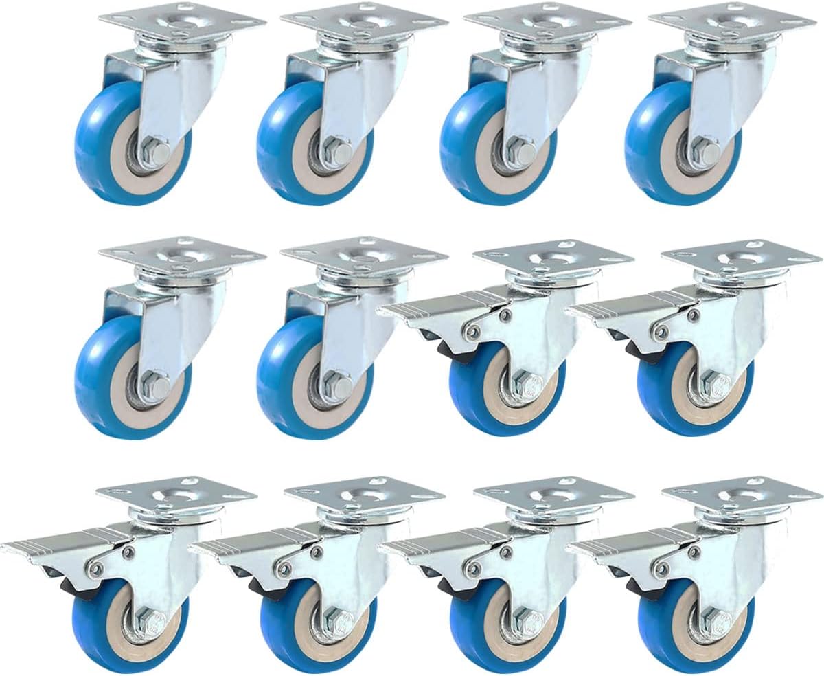 12 Pack Caster Swivel Plate On Blue Polyurethane Wheels PU(6 pc no Brake + 6 pc w/Brake)