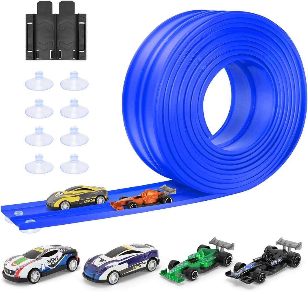 Car Track 5m Includes 4 Cars: KETIEE Flexible Race Track Car Ramp Track Toy Car Race Track Rolls Up Portable Dual Racetrack for Jumps Loops Ramps for Hot Wheels Track 1/64th Cars for Ages 3+, Blue