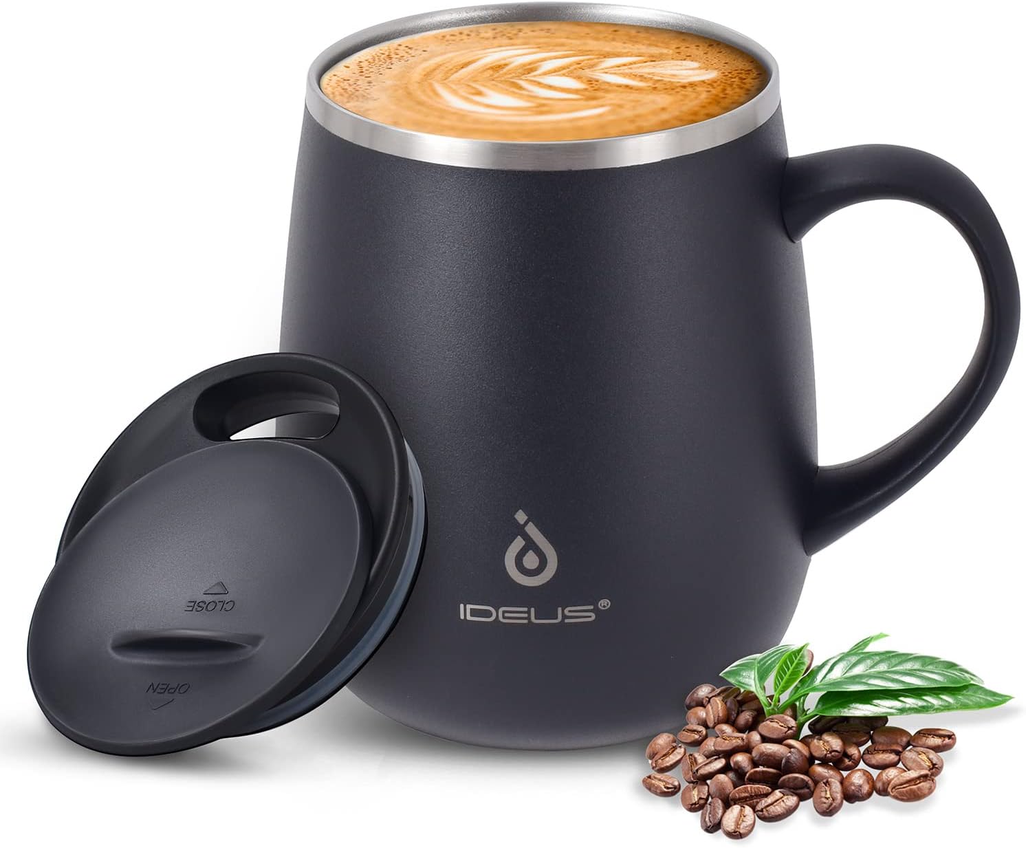 Ideus Coffee Mug 470ml (16oz), Double Wall Vacuum Insulated Stainless Steel Coffee & Tea Cup w/Non-Slip Handle & Slider Module Lid & Large Volume (Storm Black)