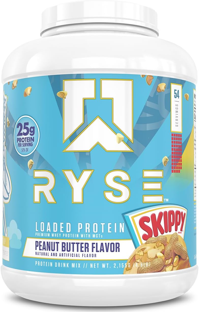RYSE Loaded Protein Powder - Skippy Peanut Butter - 25g Whey Protein Isolate & Concentrate with Prebiotic Fiber & MCTs - Low Carb, Low Sugar, Digestive-Friendly - 54 Servings / 4 lb Tub