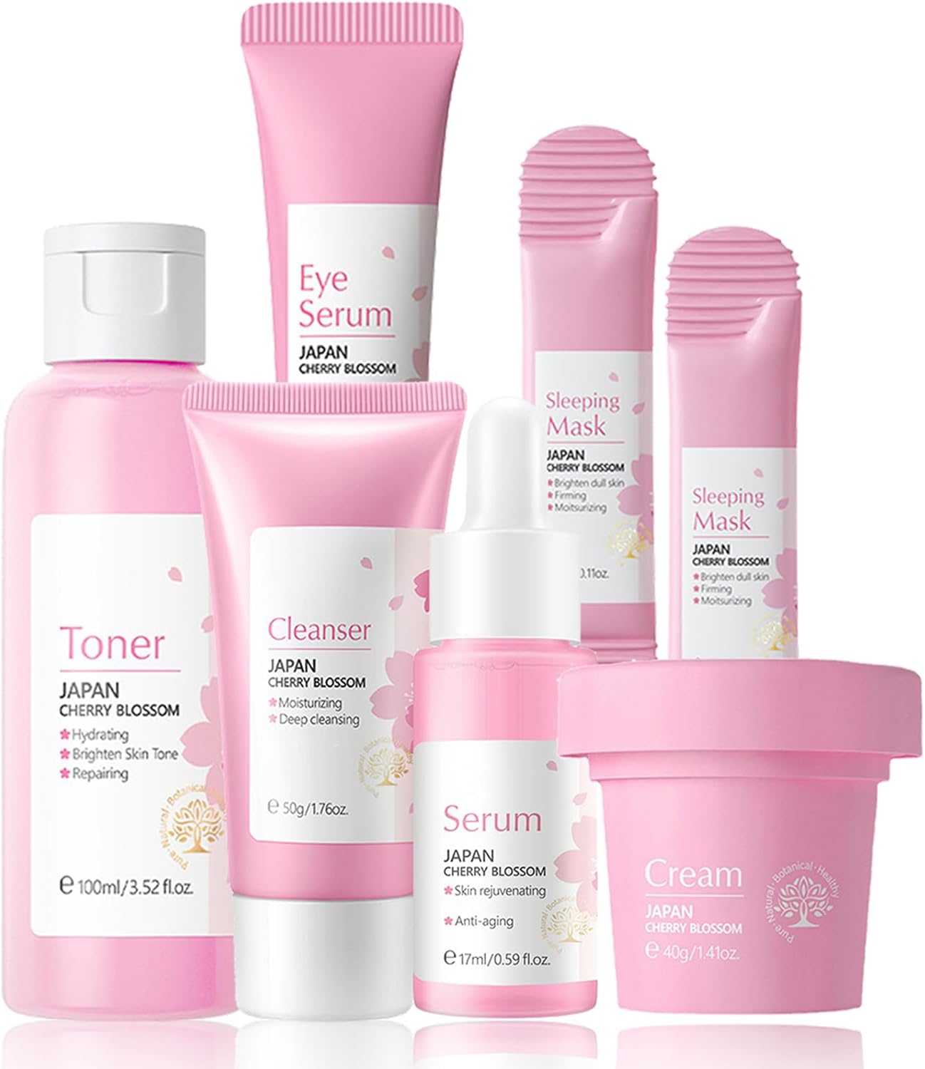 Cherry Blossom Skincare Gift Set - Facial Kit for Teenage Girls & Women - Cleanser, Face Serum, Cream, Toner, Eye Cream, Mask