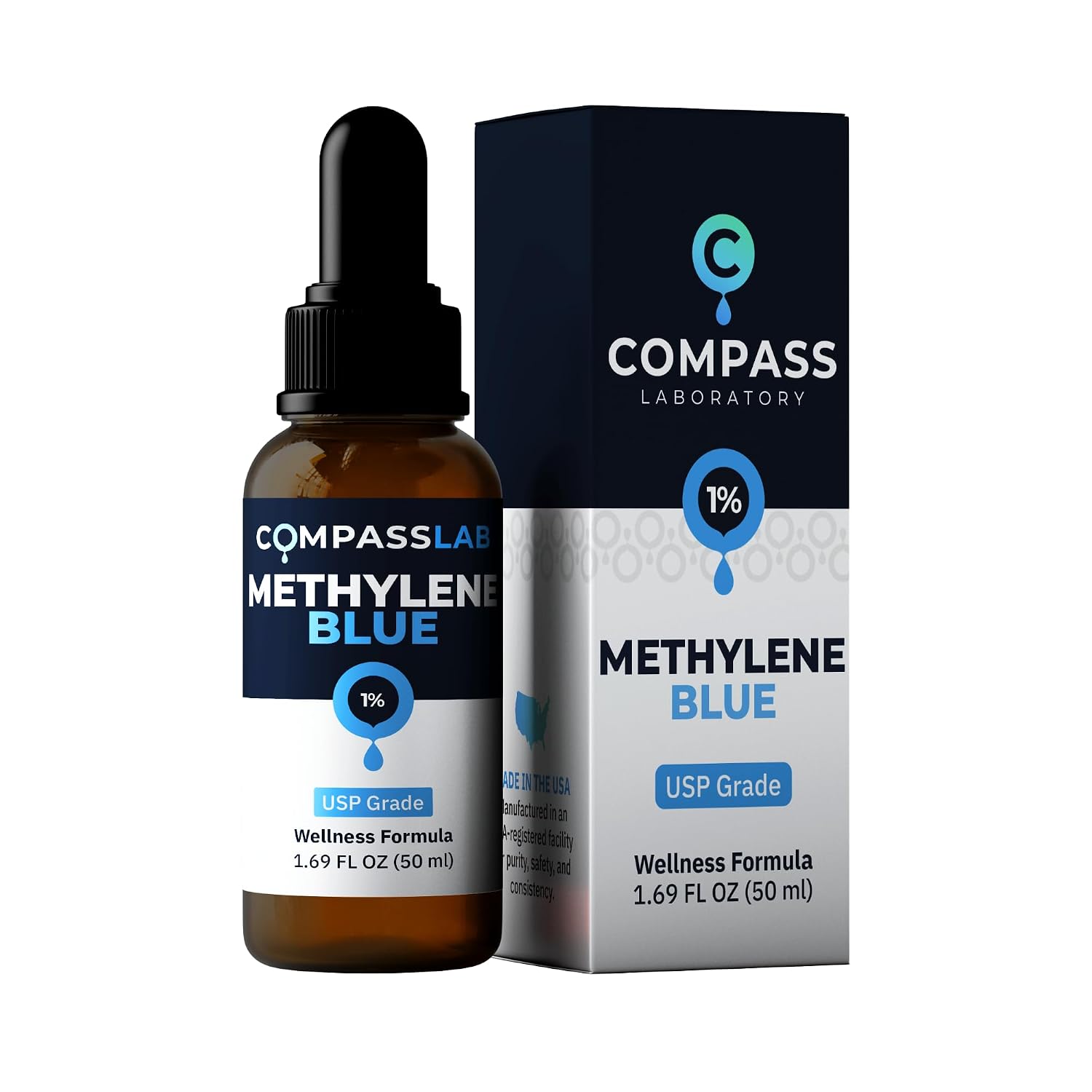 Compass Laboratory Methylene Blue 1% Solution | USP-Grade Research Formula | Premium Purity, Practitioner-Directed Use | 50 mL Amber Glass Dropper Bottle | Made in USA