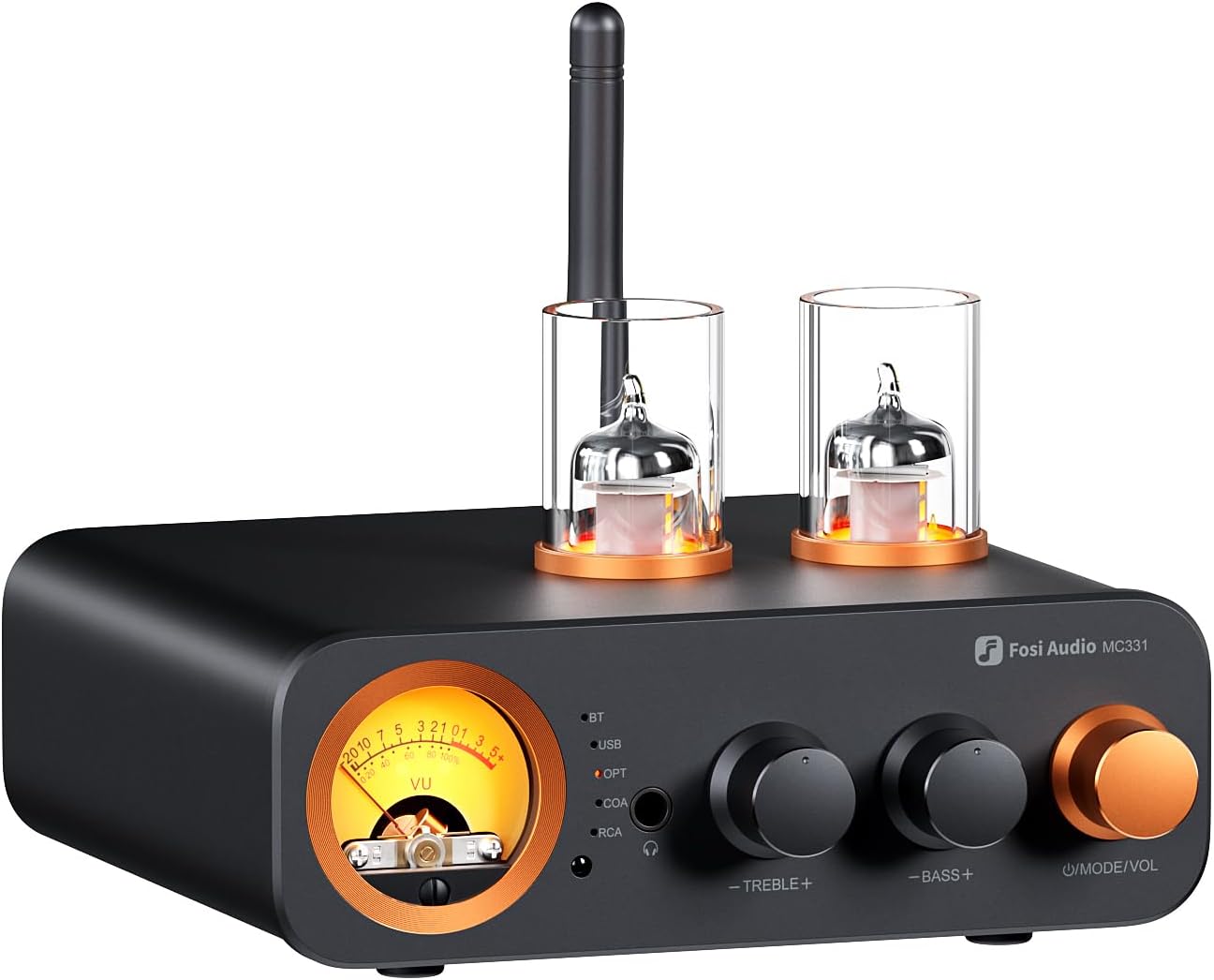 Fosi Audio MC331 Tube Integrated Amplifier with DAC, 2 Channel Home Audio Stereo Power Amp for HiFi Bookshelf Speakers/3.5mm Headphones, Vintage VU Meter Preamp with Bluetooth and USB/OPT/COAX/RCA