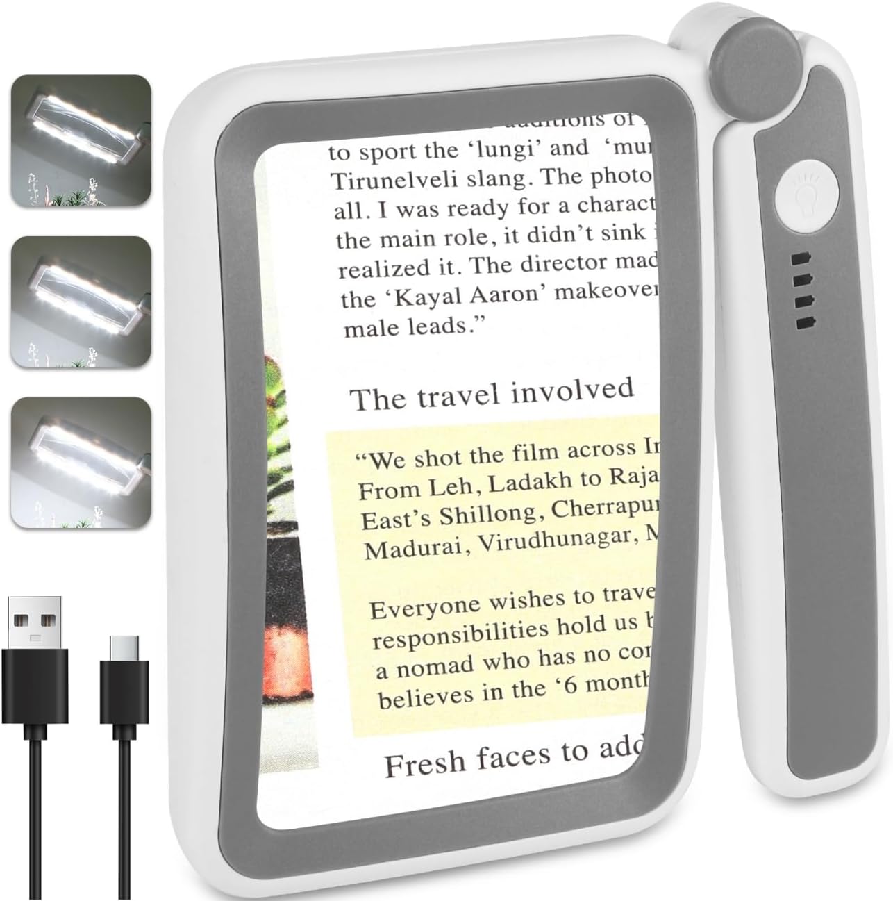 Rechargeable Magnifying Glass with Light for Reading, 5X Large Page Magnifier with LED Lighted for Seniors Low Vision, Folding Handheld Lightweight Rectangle Magnifier for Reading Book Small Print