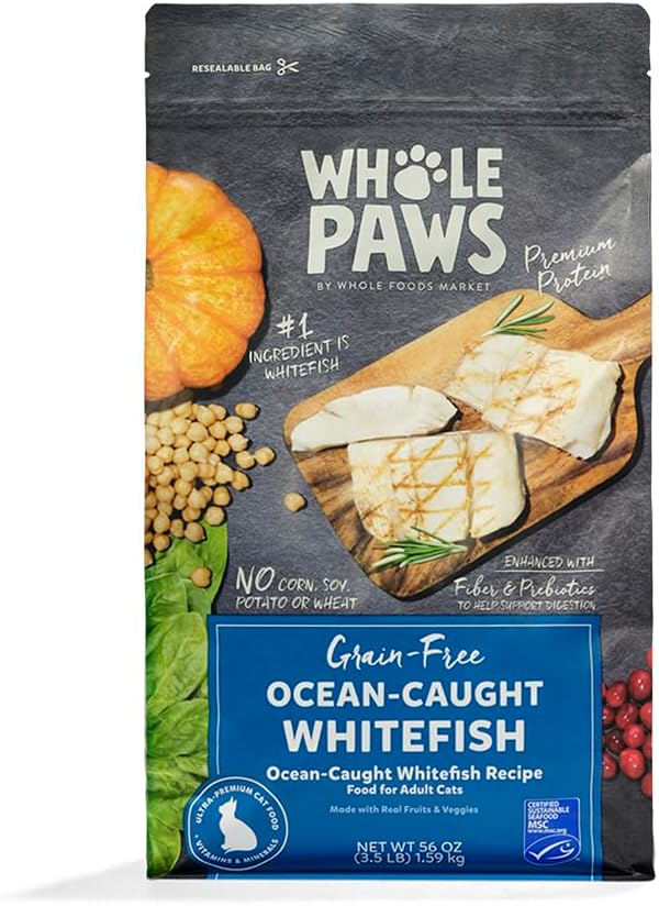 Whole Paws, by Whole Foods Market, Grain-Free Adult Cat Food, Ocean-Caught Whitefish Recipe, 3.5 Pound
