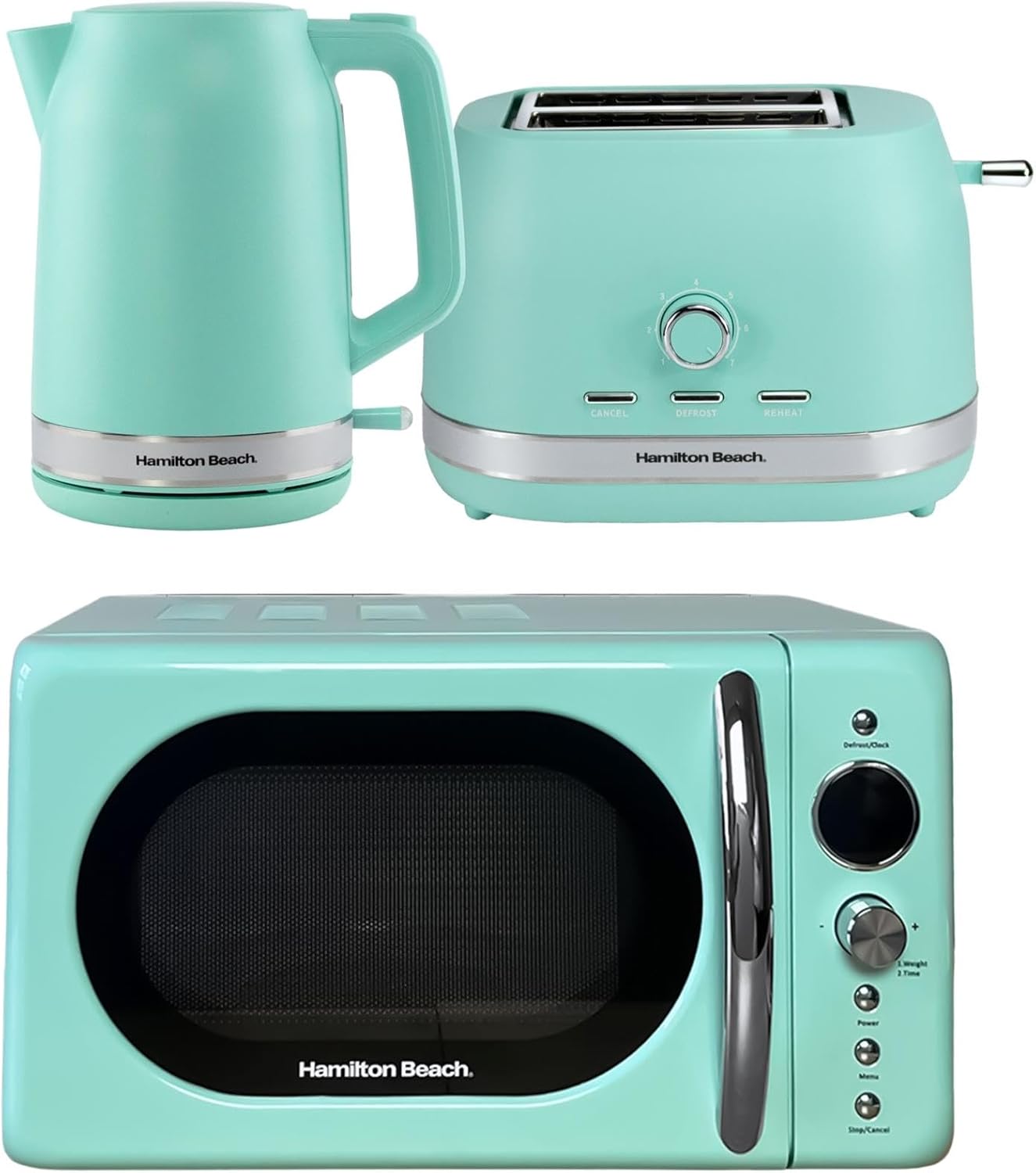 Hamilton Beach Kettle, Toaster & Microwave Set, Ella, 1.7L Electric Kettle, Wide Slot Toaster 2 Slice, Microwave, 20L Retro, Kettle & Toaster Set, Mint - ELLAMB