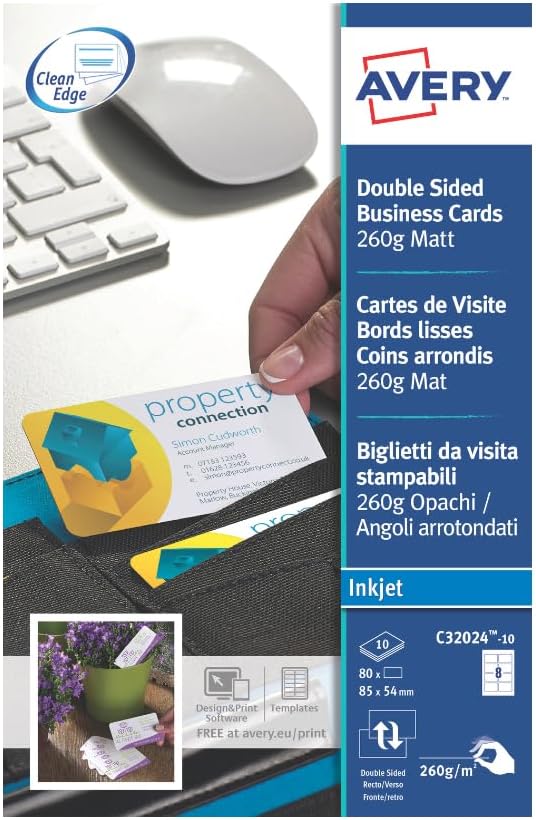 Avery Double sided Business Cards 85 x 54 mm, Pack of 10, White blank , customisable business cards (C32024-10)