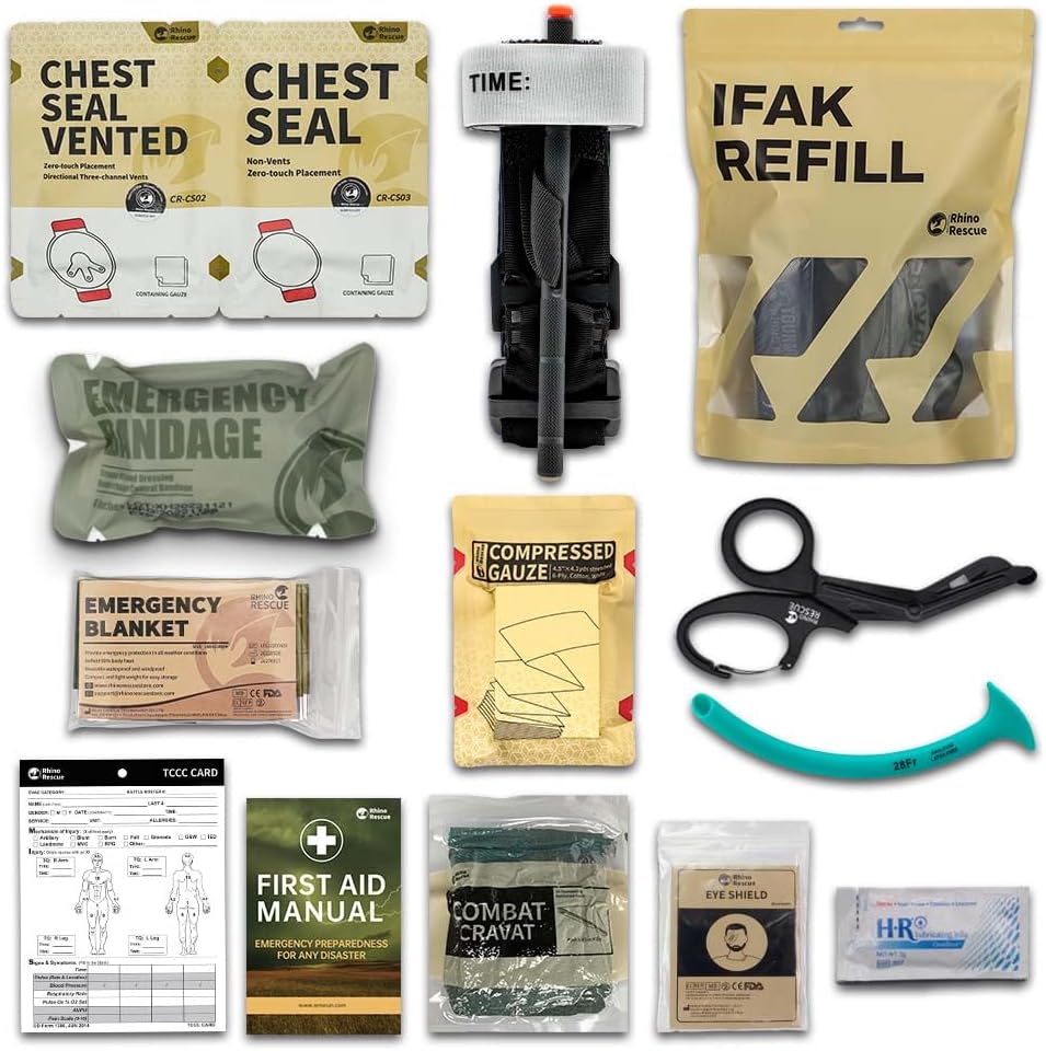 RHINO RESCUE First Aid Kit, Trauma Kit, Combat Wound Care Dressing Pack, IFAK Refill Supplies
