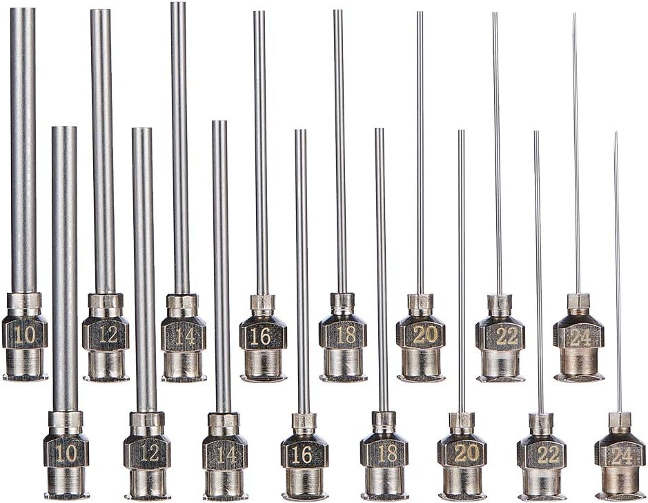 BENECREAT 16PCS 1.5 Inch Stainless Steel Dispensing Needle Tip Blunt Syringe Needle with Luer Lock for Refilling Glue Syringes, 10/12/14/16/18/20/22/24G