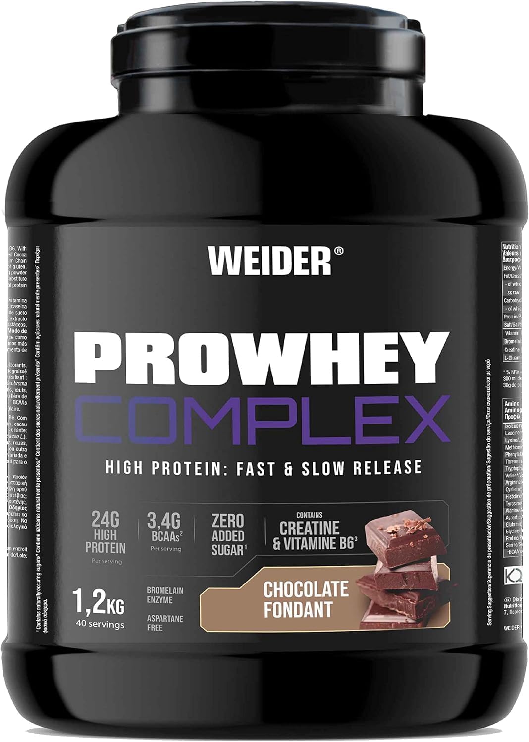 Weider ProWhey Complex (1,2kg) Chocolate-Fondant Flavour. Formula Based on Whey Protein Concentrate & Isolate + Casein, with 3,4g BCAA/Serving, Creatine, L-Glutamine, MCTs, Vitamin B6, Bromelain