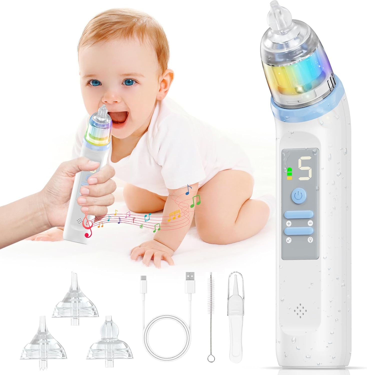 Baby Nasal Aspirator Nose Sucker: IPX6 Waterproof Electric Nose Cleaner with 5 Suction Level 3 Silicone Tips - Rechargeable Automatic Nose Suckers Music and Light Soothing Function for Newborn Toddler