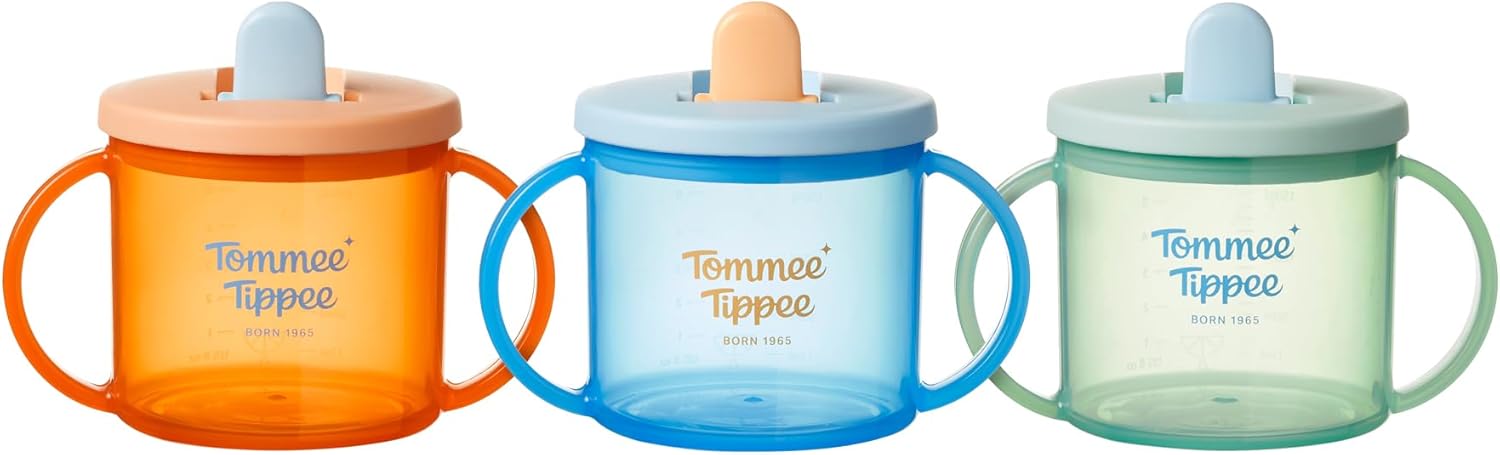 Tommee Tippee First Cup, 190ml, Non-Spill Sippy Cup for Babies 4 Months+, with Free-Flow Flip-Down Spout and Easy to Hold Handles, Orange, Blue and Green, 3 Pack