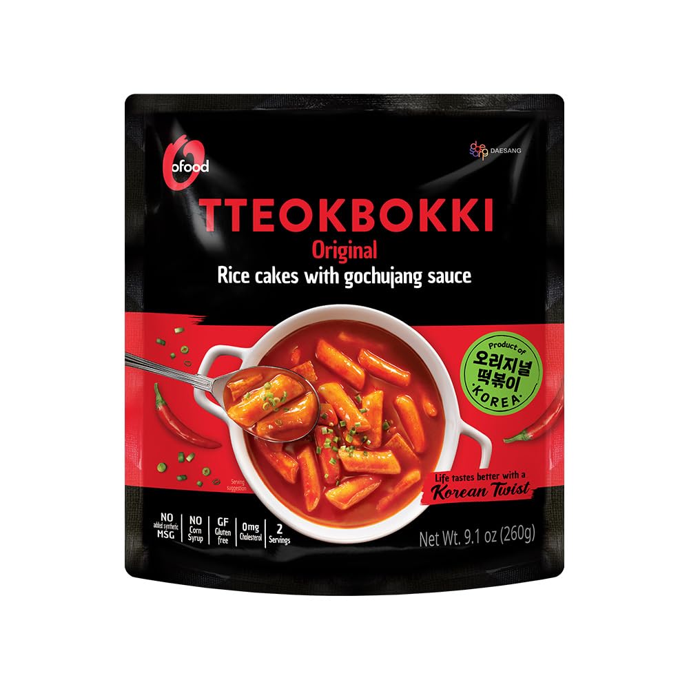 O’Food Original Tteokbokki, Gluten-Free Korean Rice Cakes, Authentic Spicy Korean Street Food Snack, Perfect with Cheese and Ramen Noodles, Ready to Eat, No MSG, No Corn Syrup (Pack of 1)