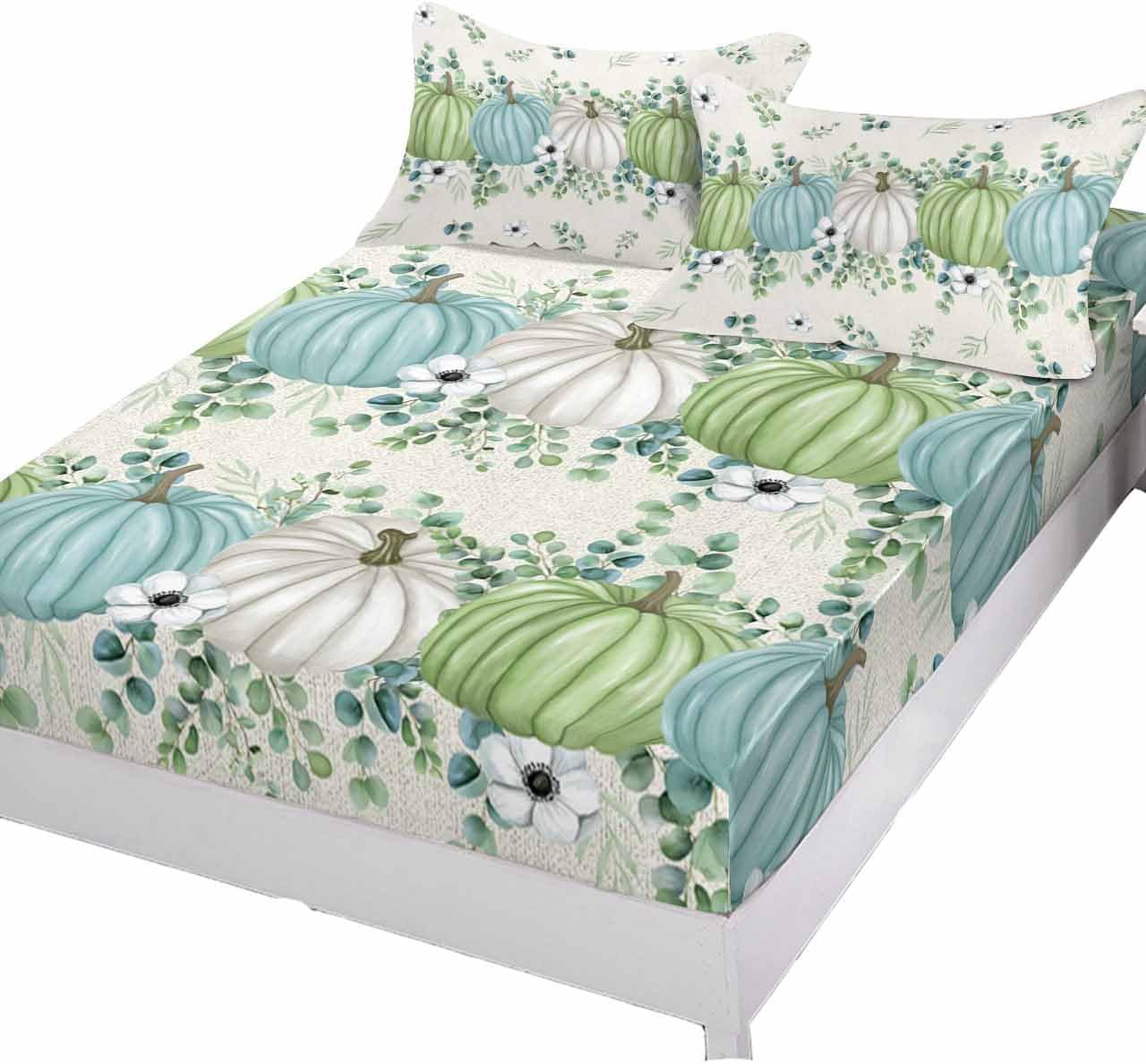 Fitted Sheets Elastic Deep Pocket Bed Sheet Cal King, Thanksgiving Blue Green Pumpkin on Linen Soft Bed Sheets Set,Eucalyptus Leaves Mattress Cover Up Hotel Luxury Fitted Sheet Pillowcase for Bedroom