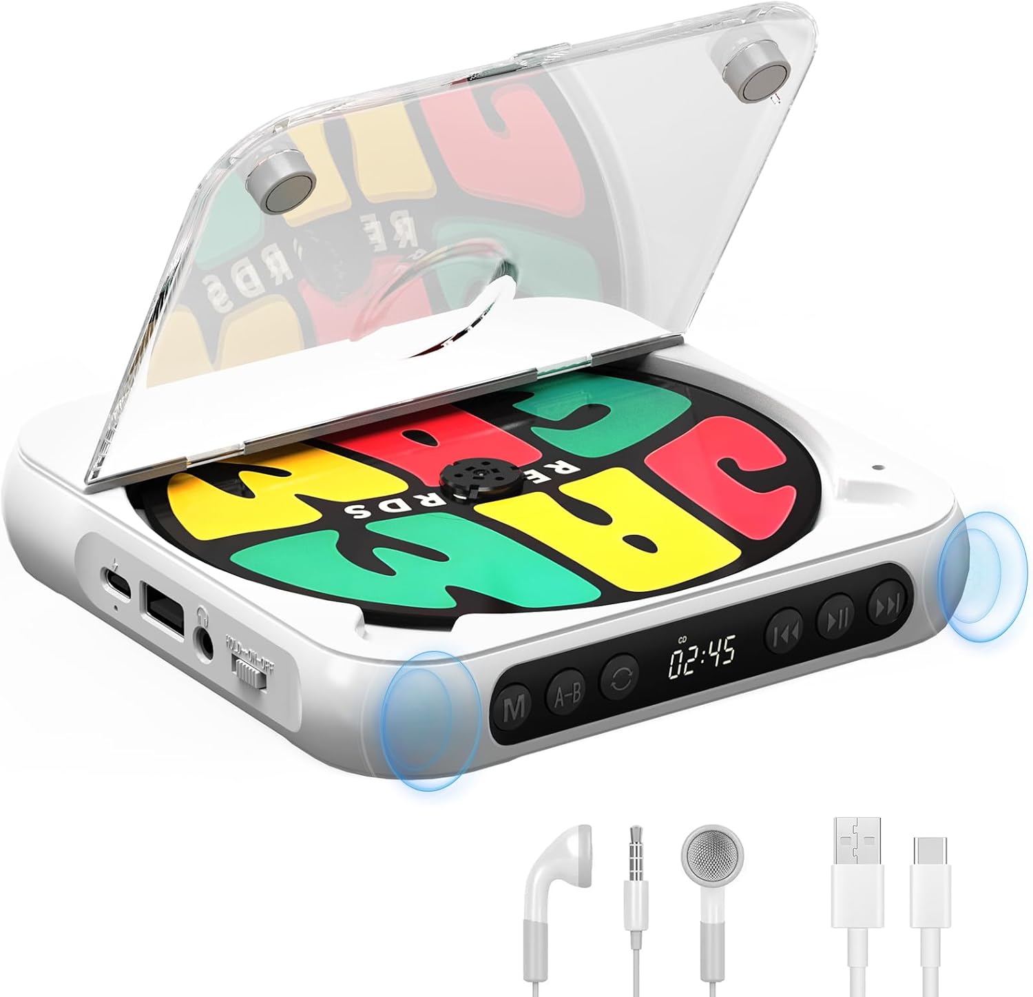 Portable CD Player with Bluetooth, Rechargeable Walkman CD Player for Home/Car, Built-in HiFi Speakers, Headphones, LCD Screen, Supports CD/AUX/USB and Repeat Modes, White