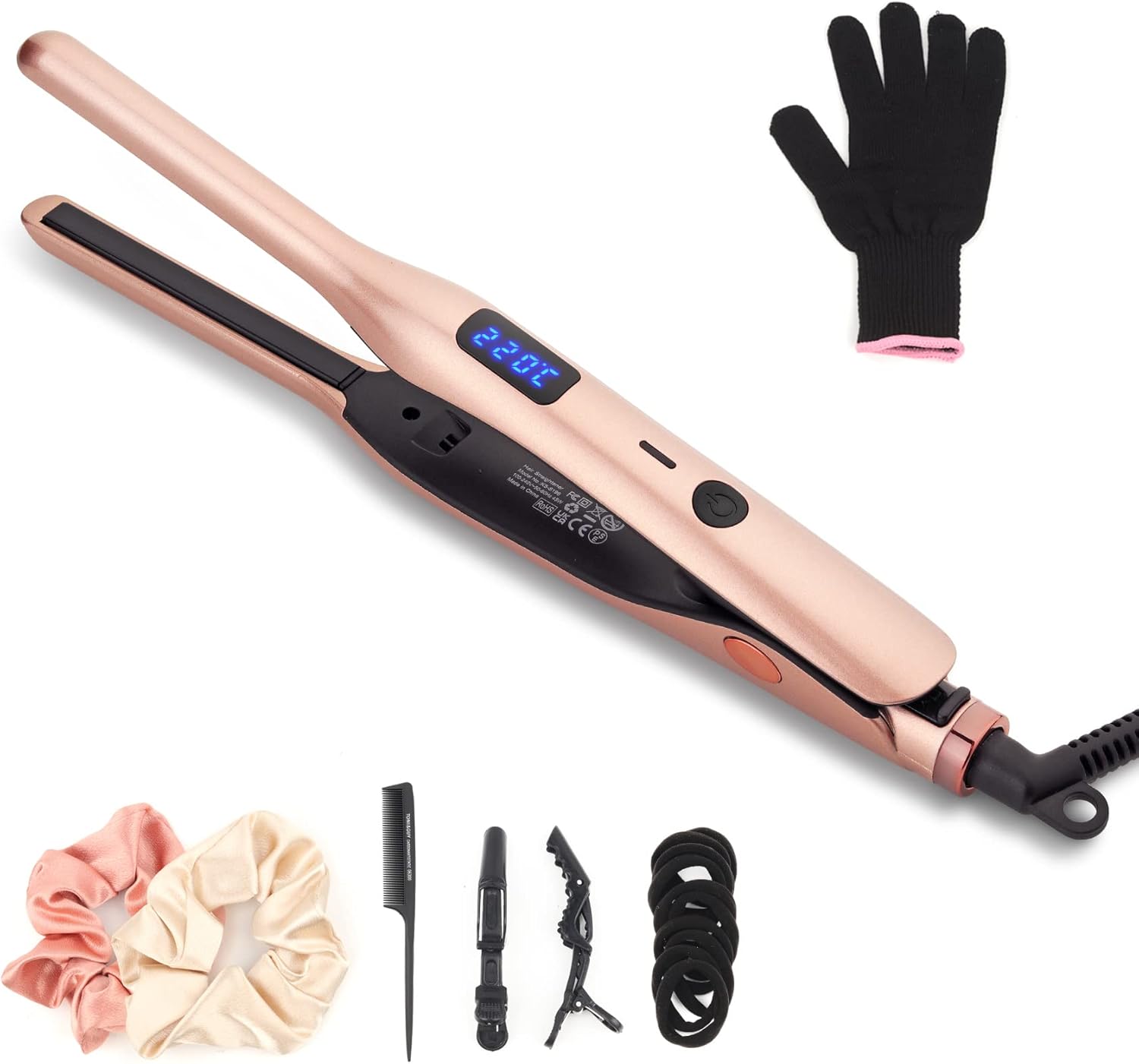 2 in 1 Professional Ceramic Pencil Flat Iron for Men's Short Hair, Beards & Pixies, 3/10Inch Small Flat Iron with Adjustable Temperature for Quick Grooming - Rose Gold