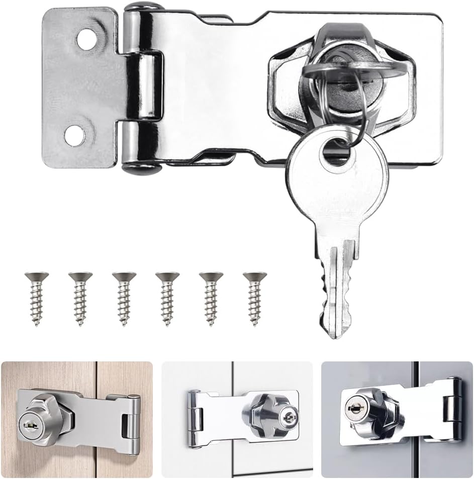 Keyed Hasp Lock Hasp and Staple with Padlock, ADERTOS Heavy Duty Shed Lock Door Lock Hasp Twist Knob Keyed Locking Hasp Safety Door Clasp Gate Lock with Key for Cabinets Cupboard Drawer Gate (2.5Inch)