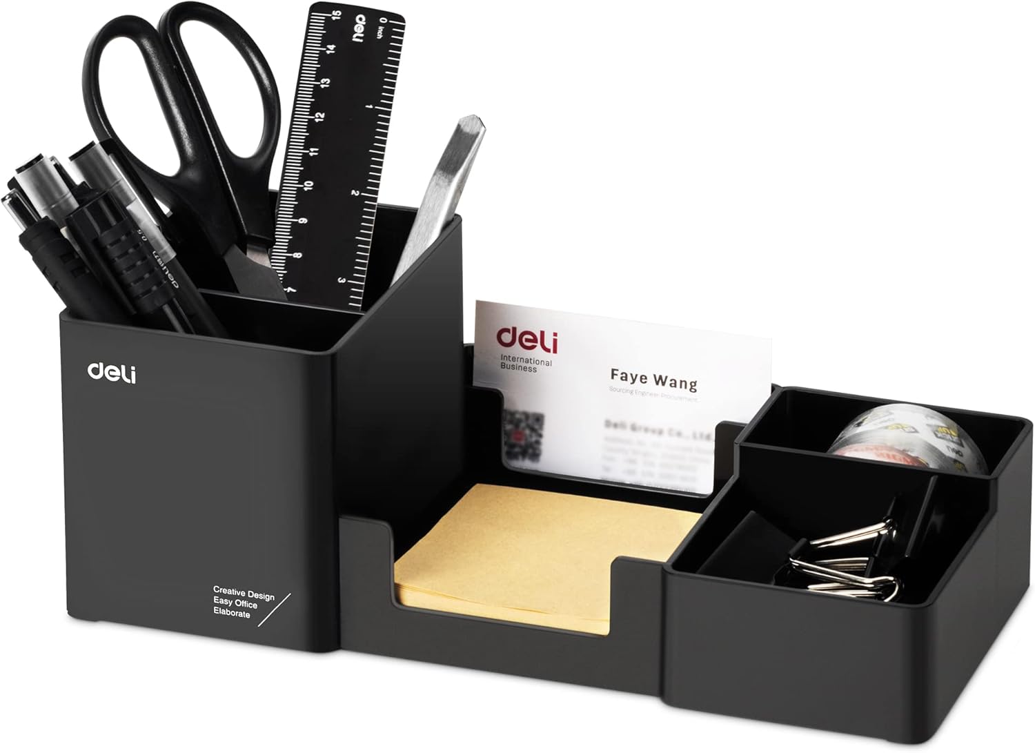 deli Desk Organizer, Plastic Desktop Organizer with Pencil Holder and Sticky Note Tray, Office Stationery Supplies Organizers Accessories Caddy, 6 Compartments, Black