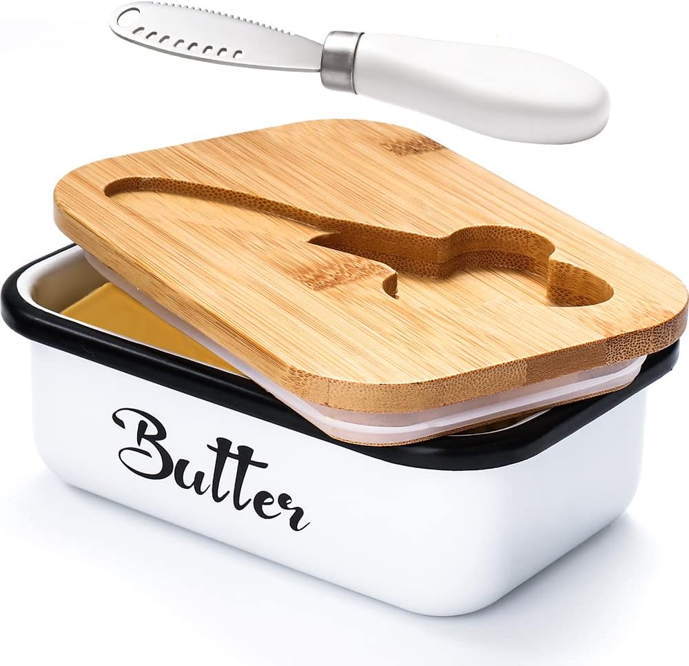 Butter Dish with Lid,Butter Dish for Countertop,AISBUGUR Metal Butter Keeper with Stainless Steel Multipurpose Butter Knife,Large Butter Container with Silicone Home Decor Kitchen Gift White