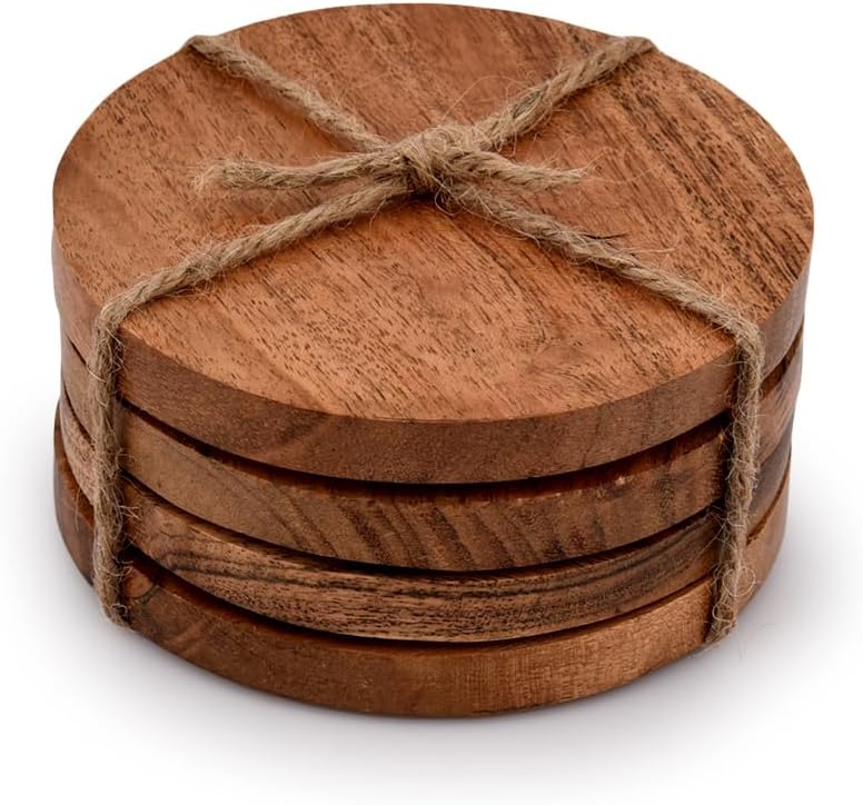 Samhita Acacia Wood Round Coasters Protection Tabletop,Countertop and Surfaces from Water Marks or Damage | Home & Office Decor | Housewarming Gift (Set of 4) (10.16cm x 10.16cm x 1.27cm)