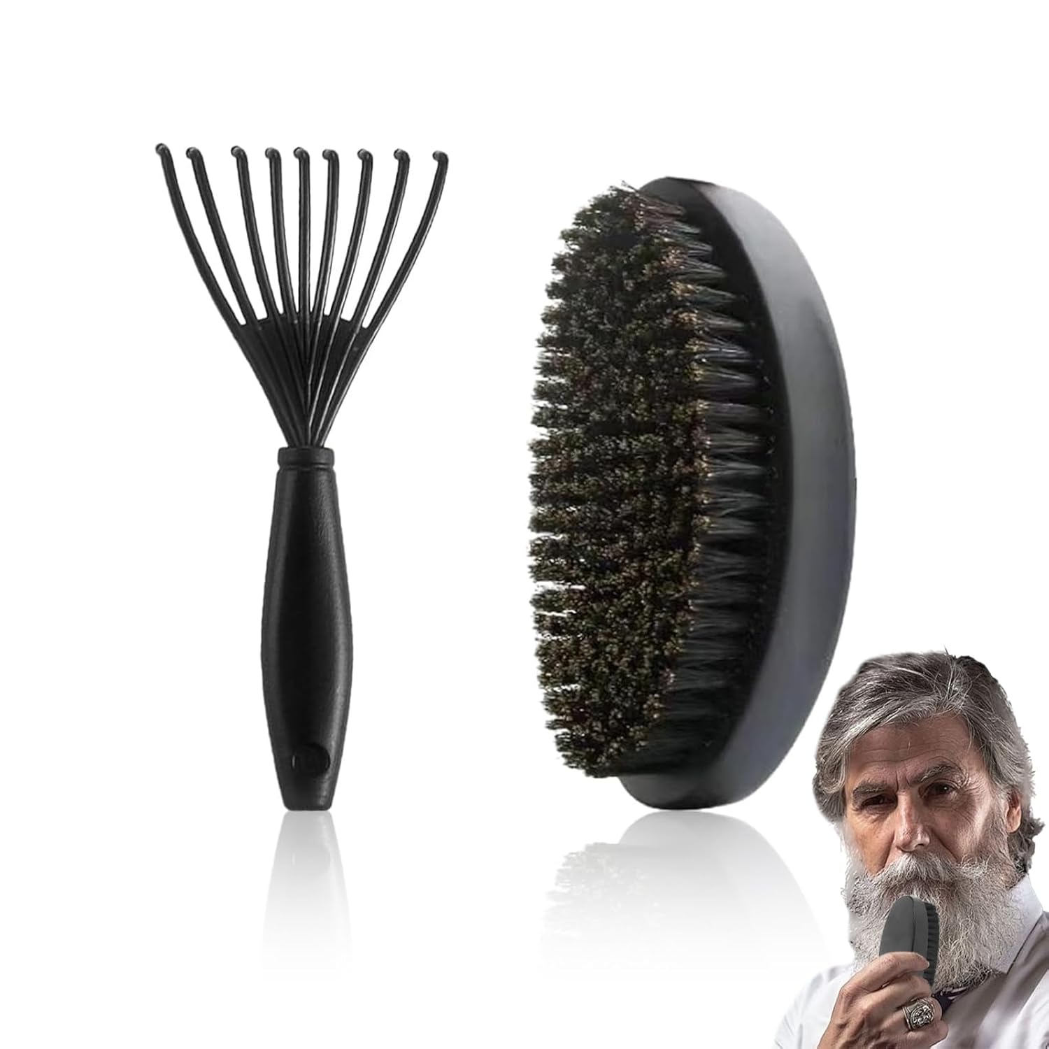 2Pcs Beard Brush And Brush Cleaner Tool for Men Soft Boar Bristle Hairbrush with Ergonomic Design Wooden Brush for Men's Beard Mustache Care Hair Beard Brush for Men Black