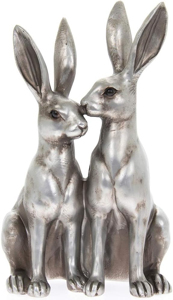 THORNE ANTIQUES AND COLLECTABLES Mr & Mrs Hare Ornament - Pair of Hares Statue in Choice of Colours (Silver)