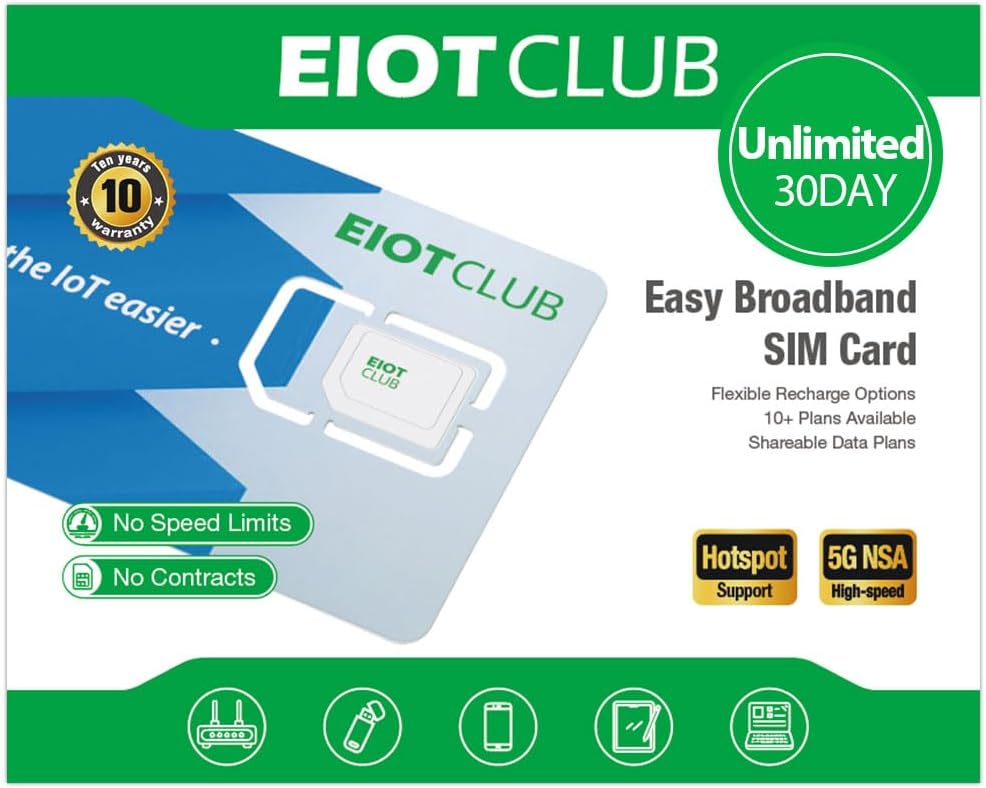 EIOTCLUB Unlimited Data Only SIM Card - 30Day | USA Coverage, 5G/4G LTE SIM Card Works with Routers, WiFi Hotspots, Laptops, Tablets, Phone | 3-in-1 SIM (No Contract)