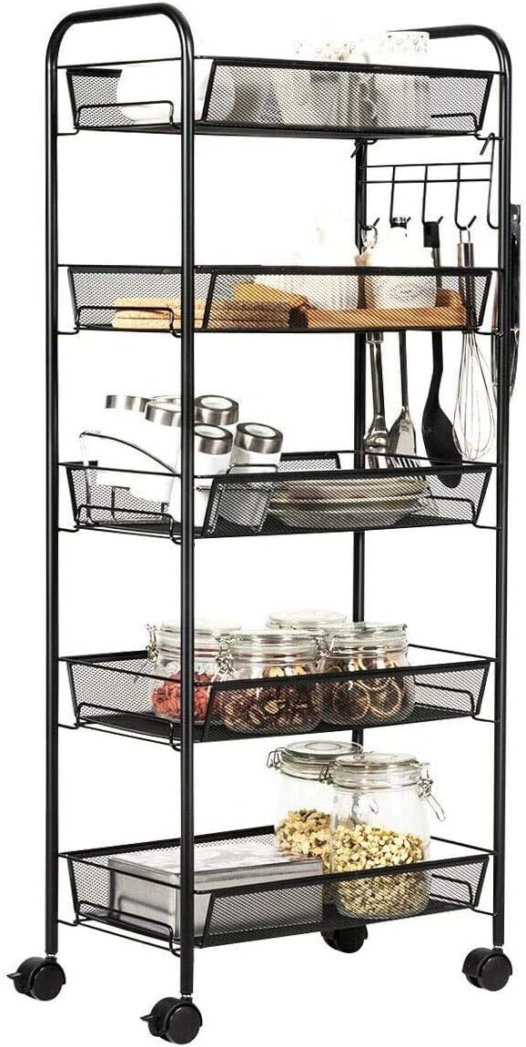 VR7 5 Tier Rolling Utility Storage Trolley Cart on Wheels Craft Toy Bedroom Kitchen Storage & Organisation Hostess Nappy Metal Trolley Laundry Bathroom Storage Unit Rack Organizer Shelve Easy Assemble